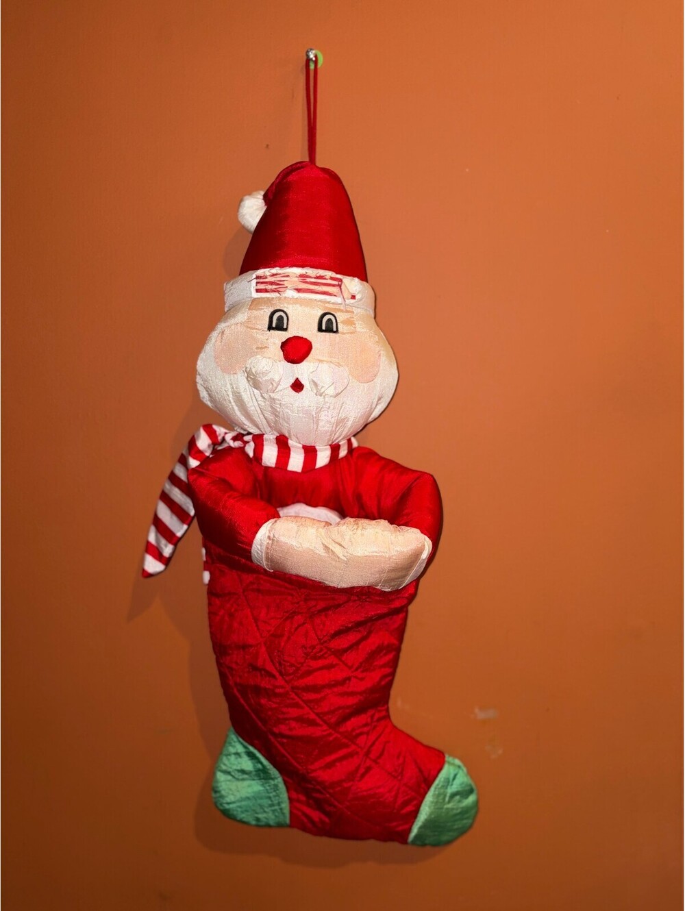 Vintage 80s Quilted Puffy Nylon 3D Santa Claus Holiday Christmas Stocking 1285